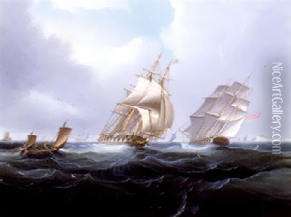 Two British Frigates Passing Each Other Oil Painting - James Edward Buttersworth