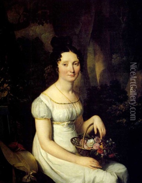 Portrait Of A Lady Wearing A White Dress And Holding A Basket Of Flowers Oil Painting - Louis Leopold Boilly