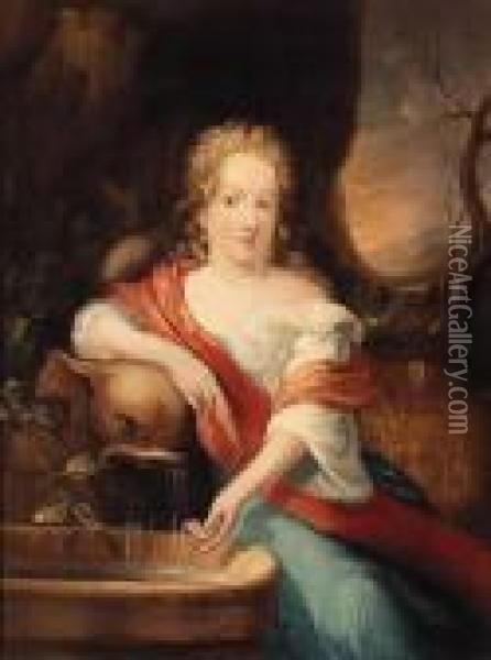 Portrait Of A Lady, Seated Small Three-quarter-length, By Afountain Oil Painting - Caspar Netscher