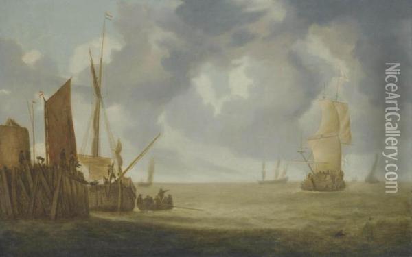 Shipping In A Breeze, A Man-o'-war And Other Shipping Beyond Oil Painting - Simon De Vlieger