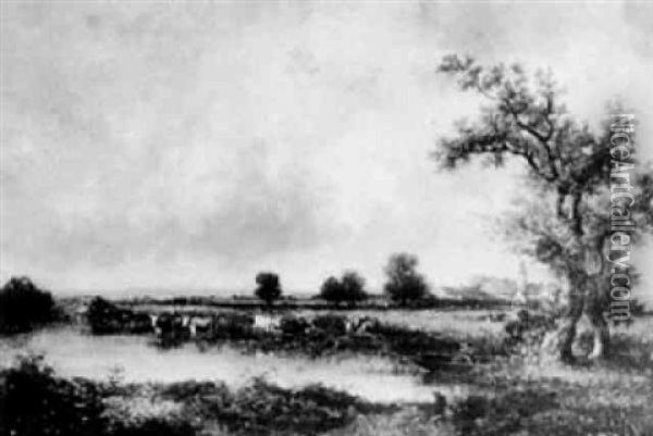 Landschaft Mit Altwasser, Viehherde Und Angler Mit Kahn Oil Painting - Jules Dupre