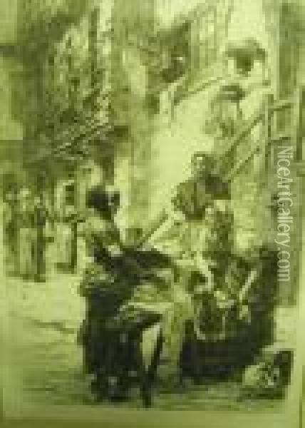 Street Scene With Women Washing Oil Painting - Leon Augustin Lhermitte