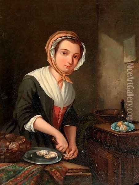 A young girl preparing oysters in an interior Oil Painting - Jan Steen