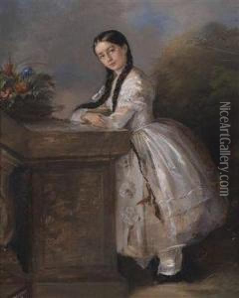 Portrait Of A Young Girl By A Staircase Oil Painting - Aristides Oeconomo