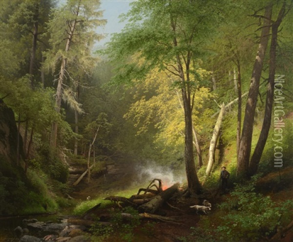 Hunter In The Woods Oil Painting - Hermann Herzog