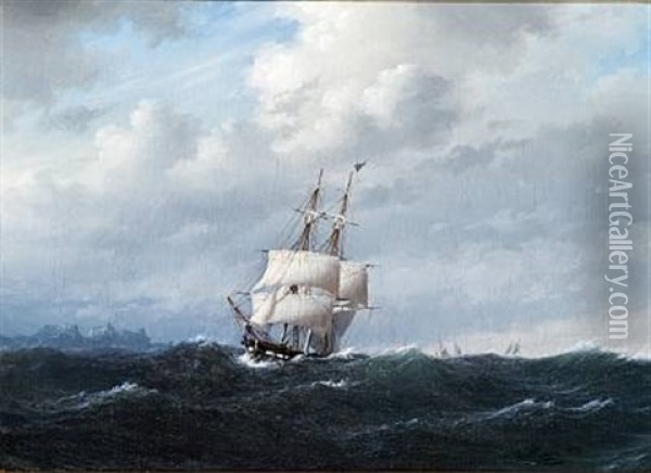 Den Danske Brig Ornen Forlader Island, I Baggrunden Laugarfjeldet Oil Painting - Carl Emil Baagoe