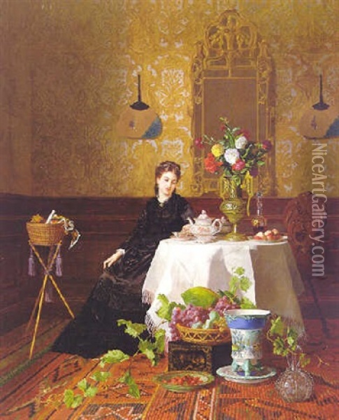 Taking Tea Oil Painting - David Emile Joseph de Noter
