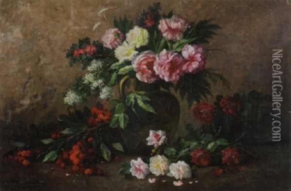 A Still Life With Roses And Cherries Oil Painting - Modeste (Max) Carlier