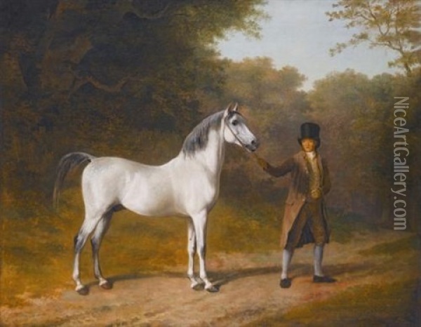 The Wellesley Arabian, Held By A Groom In A Landscape Oil Painting - Jacques-Laurent Agasse