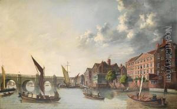 York House With Old Westminster Bridge In The Distance Oil Painting - Samuel Scott