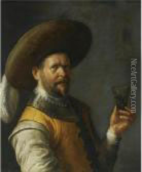 A Self Portrait Of The Artist, 
Half Length, Dressed As Acavalier, Wearing A Feathered Head, Holding A 
Glass In His Lefthand Oil Painting - Joost Cornelisz. Droochsloot