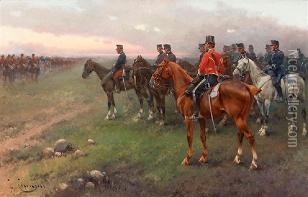 Militares A Caballo Oil Painting - Josep (Jose) Cusachs y Cusachs