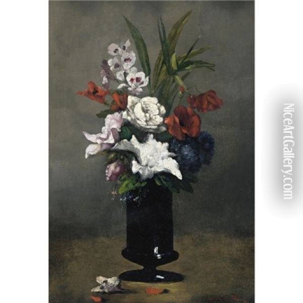 Flowers In A Blue Vase Oil Painting - Germain Theodore Ribot