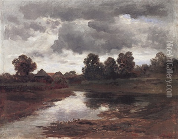 Romantische Teichlandschaft Mit Gehoft, Busch- Und Baumwerk Im Abendlichen Gegenlicht Oil Painting - Gilbert Von Canal