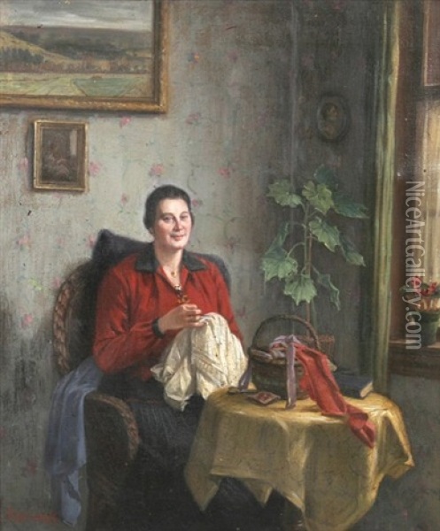 Interieur Mit Nahender Frau Oil Painting - Josef Rolletschek