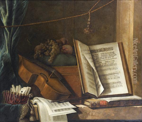 Nature Morte A La Viole De Gambe, Aux Partitions Musicales Et Auxfruits Sur Un Entablement Oil Painting - Pierre-Nicolas Huillot