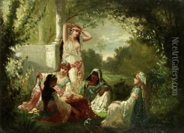 A Harem Picnic Oil Painting - Antoine-Victor-Edmond Joinville
