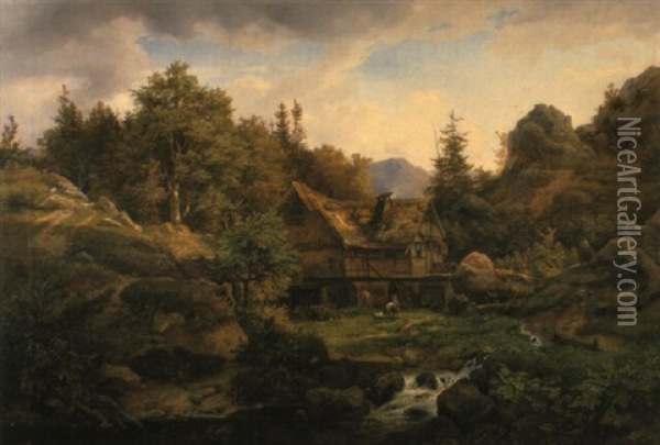Bauernhaus Im Bachgrund Oil Painting - Ludwig (Louis) Friedrich Nitzschke