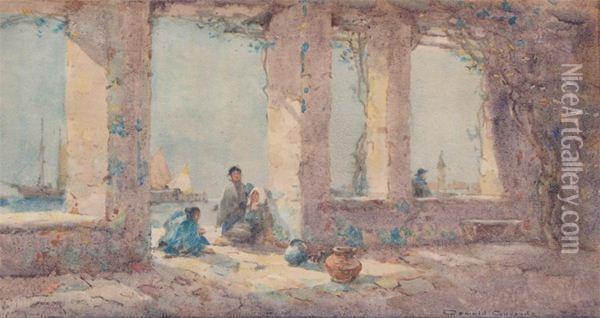 Figures Under A Colonnade In A Harbour Oil Painting - Oswald Garside