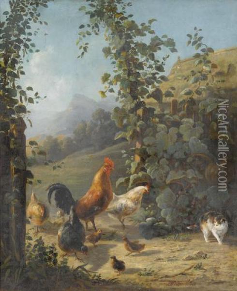 Huhnerhof Mit Katze Oil Painting - Jakob Heinrich Fischer-Hinnen
