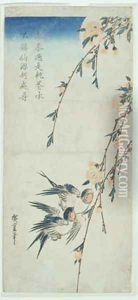 Swallows and Peach Blossom in Moonlight Oil Painting - Utagawa or Ando Hiroshige