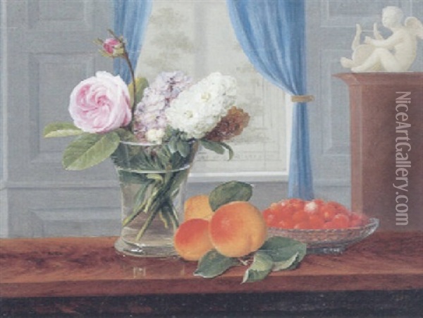 Interior Med Rose Og Levkojer I En Vase Pa Et Bord, Hvorpa Jordbaer I En Skal Og Ferskengren Oil Painting - Johannes Ludwig Camradt