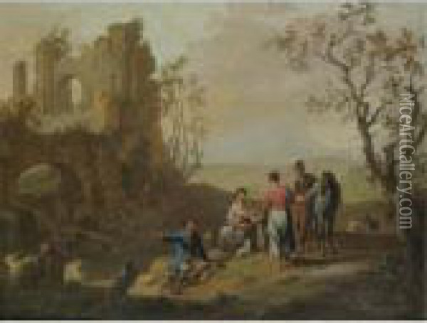 A Landscape With Figures Resting Near Classical Ruins Oil Painting - Franz Ferg