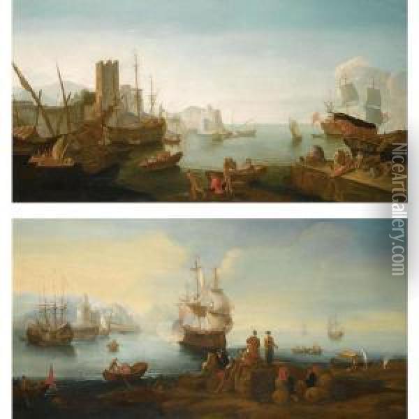 A Mediterranean Harbour Scene 
With Merchants Resting By Their Wares, A Ship Firing A Salute Beyond Oil Painting - Adriaen Manglard