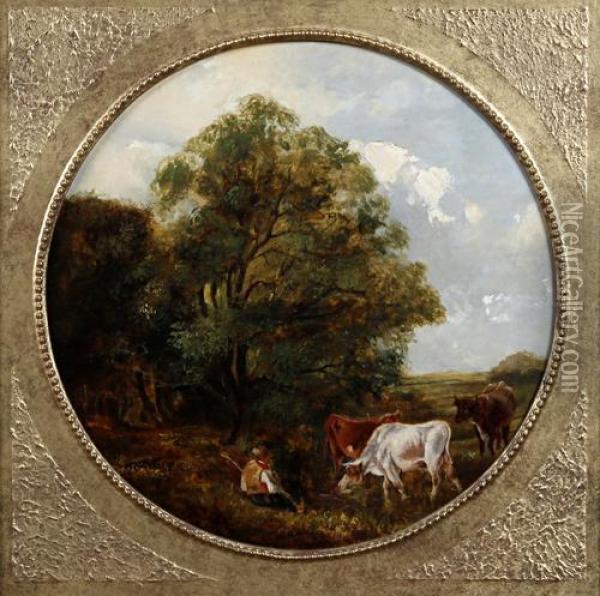 Wooded Landscape With Cattle Watering And Young Boy Seated On The River Bank Oil Painting - Edmund Bristow