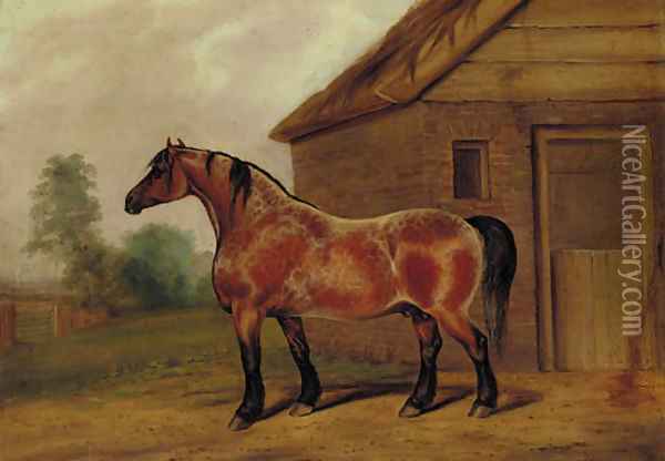 A strawberry roan horse before a stable Oil Painting - James Scraggs