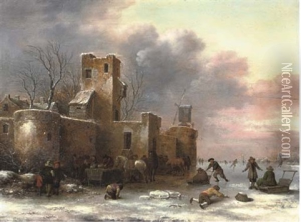 A Winter Landscape With Figures Skating Outside A City Wall Oil Painting - Nicolaes Molenaer
