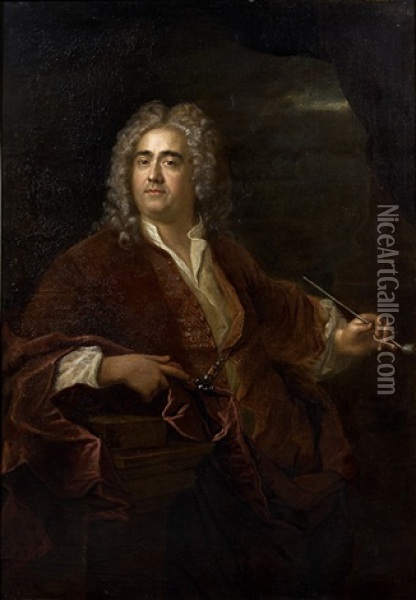 Portrait D'homme Accoude Sur Un Entablement De Pierre Oil Painting - Nicolas de Largilliere