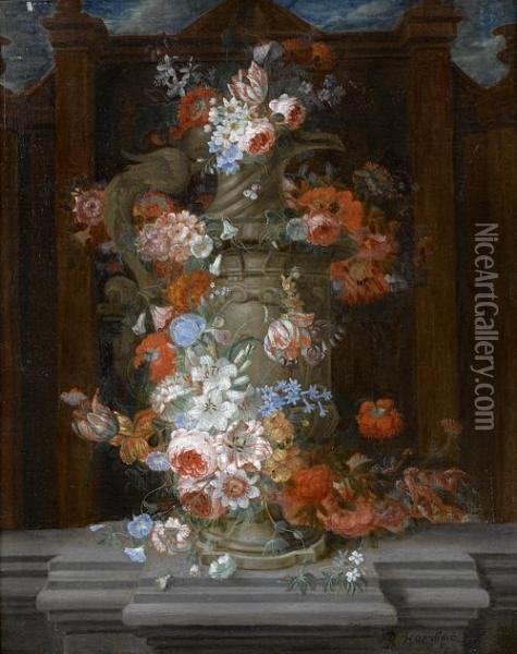 Roses, Tulips, Narcissi And Other Flowers In A Classical Urn On A Carved Stone Ledge Oil Painting - Pieter Hardime
