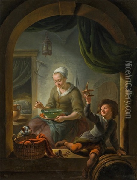 A Young Woman And A Boy With A Mousetrap In An Interior Oil Painting - Louis de Moni