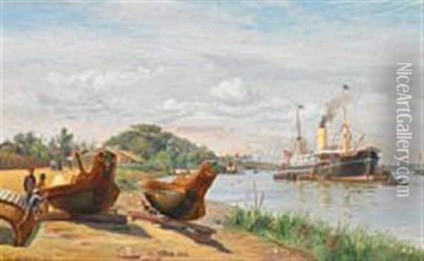 The Steamer Annam On The Mekong River At Saigon 1900 Oil Painting - Vilhelm Karl Ferdinand Arnesen