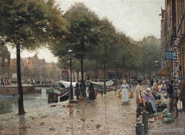 A Busy Day On The Market, Amsterdam Oil Painting - Heinrich Hermanns