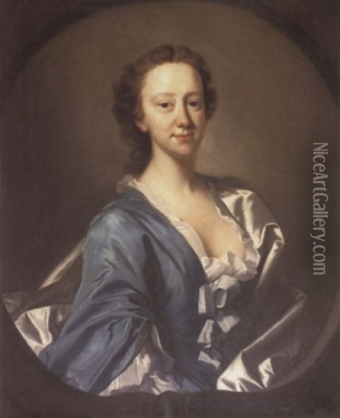 Portrait Of A Woman In A Blue Dress Oil Painting - Allan Ramsay