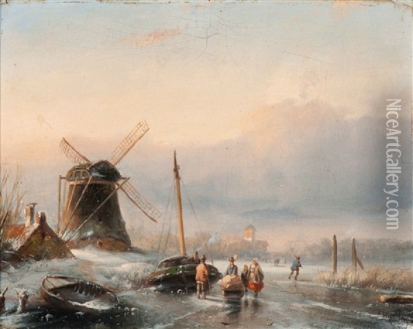 Activity On The Ice Oil Painting - Adrianus Jacobus Vrolyk