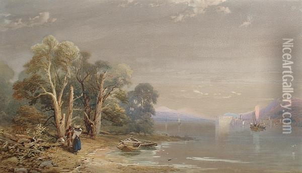View Of A Lake With A Town In The Distance Oil Painting - Thomas Miles Richardson