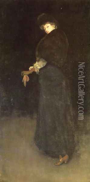 Arrangement in Black: The Lady in the Yellow Buskin Oil Painting - James Abbott McNeill Whistler