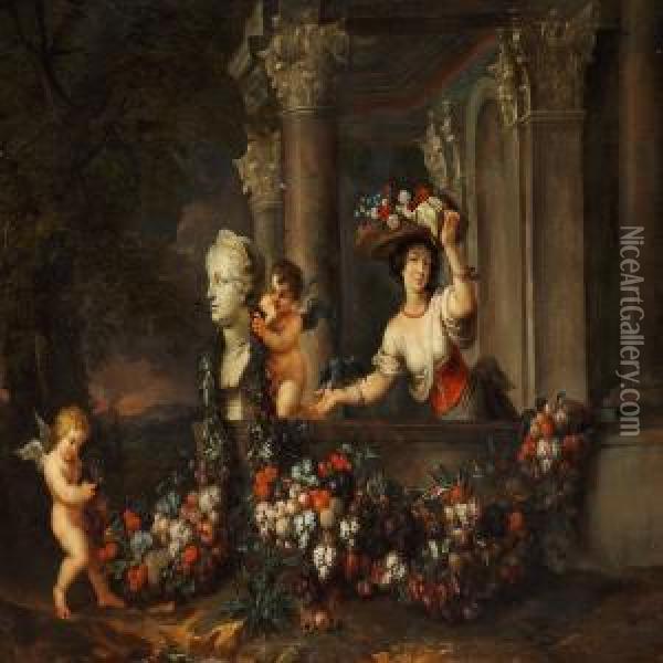 A Young Lady With A Flower Basket In A Classical Architectural Fantasy Oil Painting - Jan Pauwel Ii Gillemans