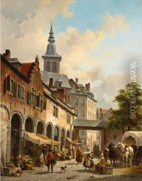 A Busy Market On A Town Square Oil Painting - Jacques Carabain