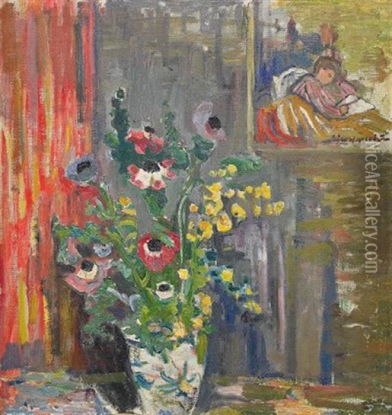 Interior Med Blomsterstilleben Oil Painting - Eric C. Hallstroem