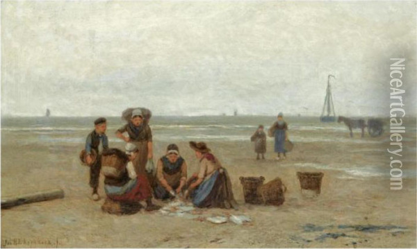 Sorting The Catch Oil Painting - Johannes Hermann Barend Koekkoek