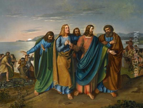 Christ With The First Apostels After Catching Fish Oil Painting - Carl Wilhelm Friedr. Oesterley