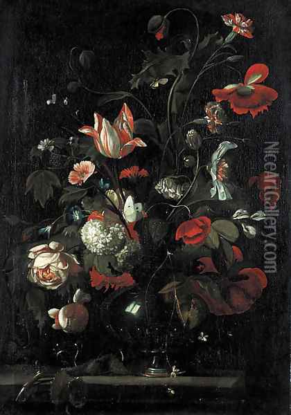 Roses, tulips, carnations and other flowers in a glass vas on a stone ledge Oil Painting - Simon Pietersz. Verelst