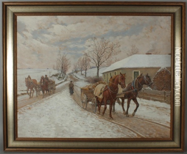 2 Pferdefuhrwerke Im Winter Oil Painting - Hermann Reisz
