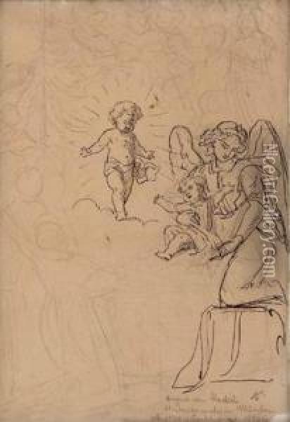 Engel Bringt Dem Jesuskind Ein Kind Oil Painting - August Von Heckel