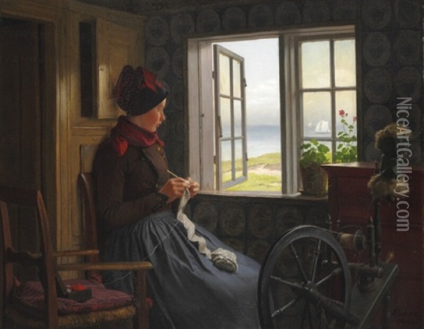 A Girl With Her Crocket Work Near An Open Window Oil Painting - Johann Julius Exner