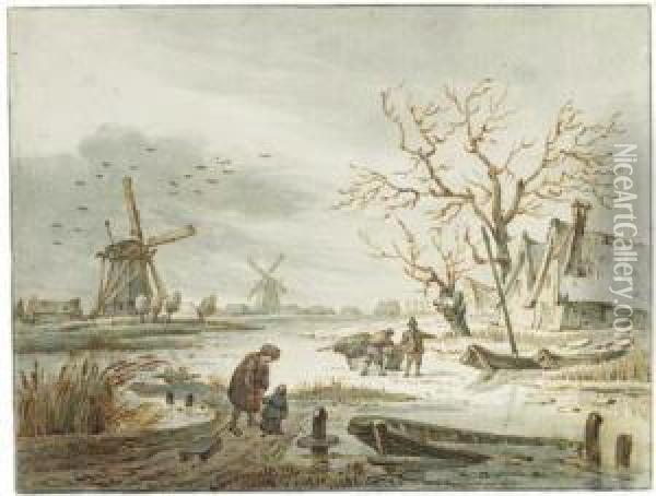 Figures On The Ice Near A Village In Winter Oil Painting - Francois Joseph Ii Pfeiffer